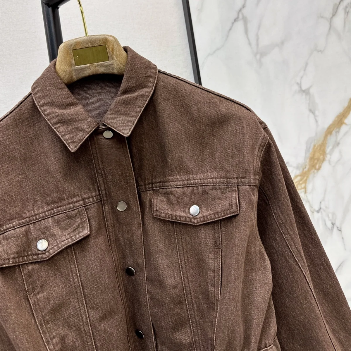 2026 High Quality Women's Waist Strap Brown Denim Short Coat26928171