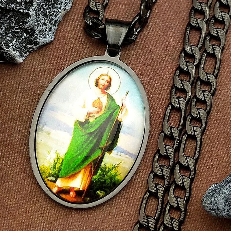 San Judas Tadeo-Medaillen-Anhänger-Halskette für Damen und Herren, Edelstahl, goldfarben, Heilige, Apostel Jesu, Amulett, Glaube, Schmuck – Detail 6