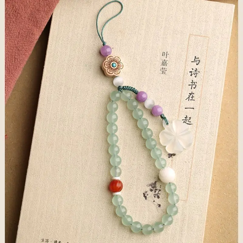 Good Lucky Four-leaf Clover Mobile Phone Chain Lanyard Xiuyu Jade Pendant Chinese Antique Creative School  Bag Charms Pendant
