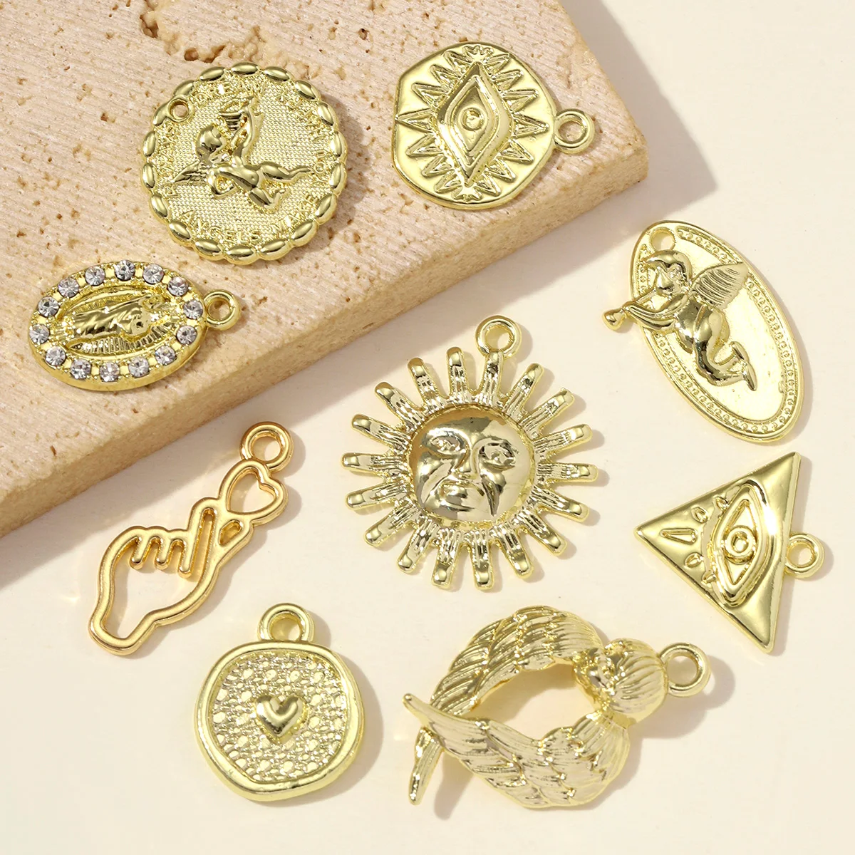 10pcs/lot Triangle Evil Eye Sun Gold Plated Necklace Pendant High Polished Heart Cupid Angel DIY Earring Charm Women Jewelry