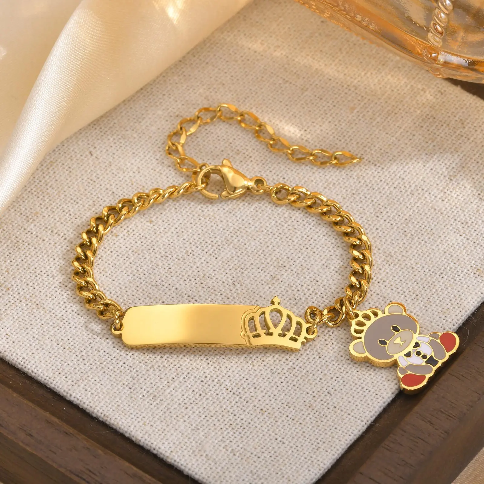 Vnox Free Enraving Name Bracelets for Baby Girls Newborns,Crown Cute Bear Charm Bracelets,Adjustable Stainless Steel Custom Gift