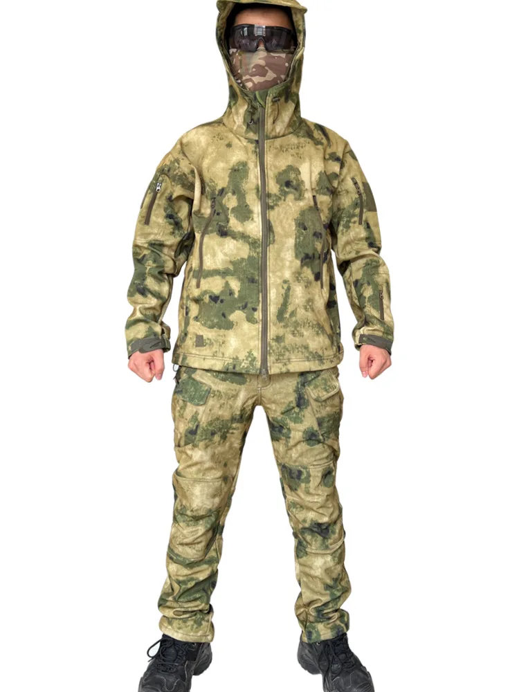 Mens Camo Tactical Sets Sharkskin Waterproof Hooded Zipper Jackets Multi-pocket Softshell Outdoor Pants Winter Fleece Cargo Suit