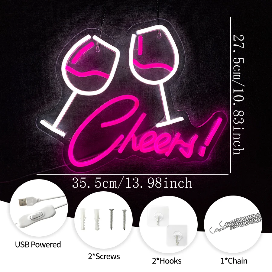 Cheers Wine Glass Neon Sign, LED Neon Wall Sign, USB Powered Neon Light for Club, Party,  Home, Bedroom and Man Cave Wall Decor