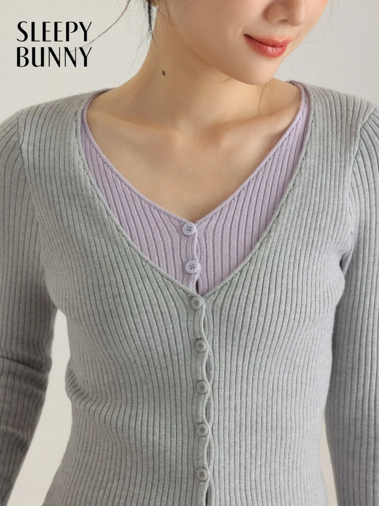 Women Layered V Neck Knit Cardigan Spring Slim Fit Stretchy Long Sleeve Top Lady Casual Soft Inner Wear Layering Top Chic Style