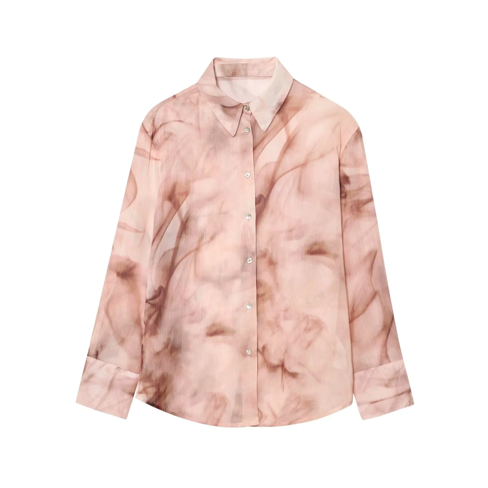 

PB&ZA2025 autumn new women's casual fashion loose lapel simple tie-dye print bamboo yarn long-sleeved shirt top
