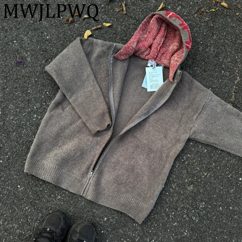 

MWJLPWQ Plaid Hooded Design Unisex Knitted Sweater Trendy American Style High Street Thickened Zipper Couple Casual Tops 12173