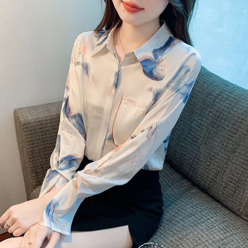 

New 2024 Chiffon Summer Women's Blouse Casual Fashion Advanced Temperament Simplicity Tops Printing Long Sleeved Shirt