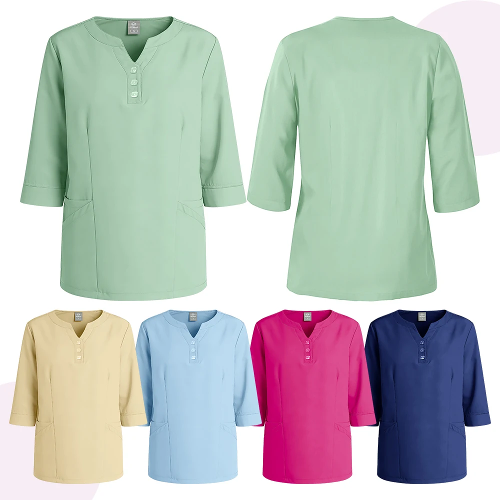 Medizinische OP-Uniformen mit 3/4-Ärmeln, Krankenschwesterkleidung, V-Ausschnitt, klinische Uniformen, Spa-Uniformen für Damen, OP-Anzüge, medizinische Uniformen