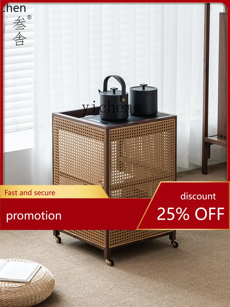 ZML mobile tea cart North American black walnut solid wood cart Modern simple small tea table Side cabinet