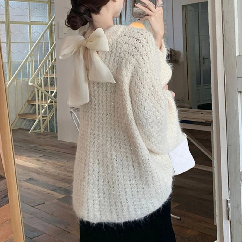 Sweet Bow Knitted Sweater Fashion Women Loose Soft O Neck Hollow Out Pullover Autumn Lazy Wind Casual All Match Female Jumper