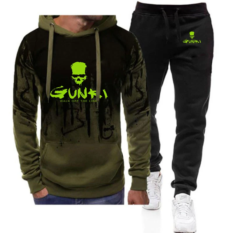 Men's 2024 Newest Gunki Spring Autumn 2 Piece Tracksuit Hoodie Sweatshirt+Pants Pullover Jackets Sportwear Gradient Suit Clothes