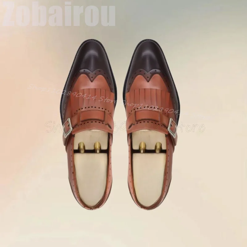 Brown Carving Design Buckle Tassels Decor Loafers Fashion Slip On Men Shoes Luxury Handmade Party Feast Office Men Dress Shoes