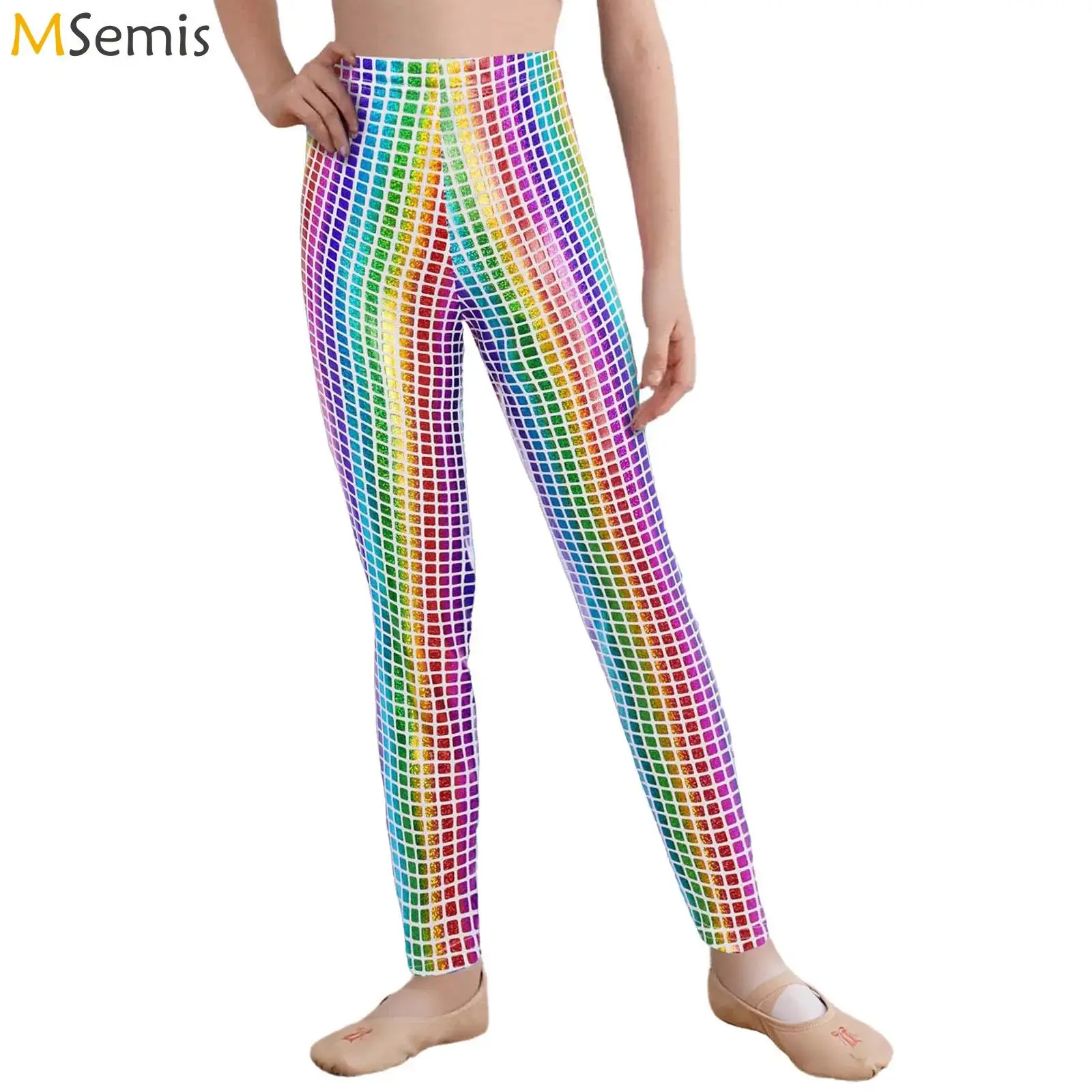 Kids Girls Boys Cheerleading School Show Stage Cheerleader Performance Costume Metallic Plaid Pants Elastic Waistband Leggings