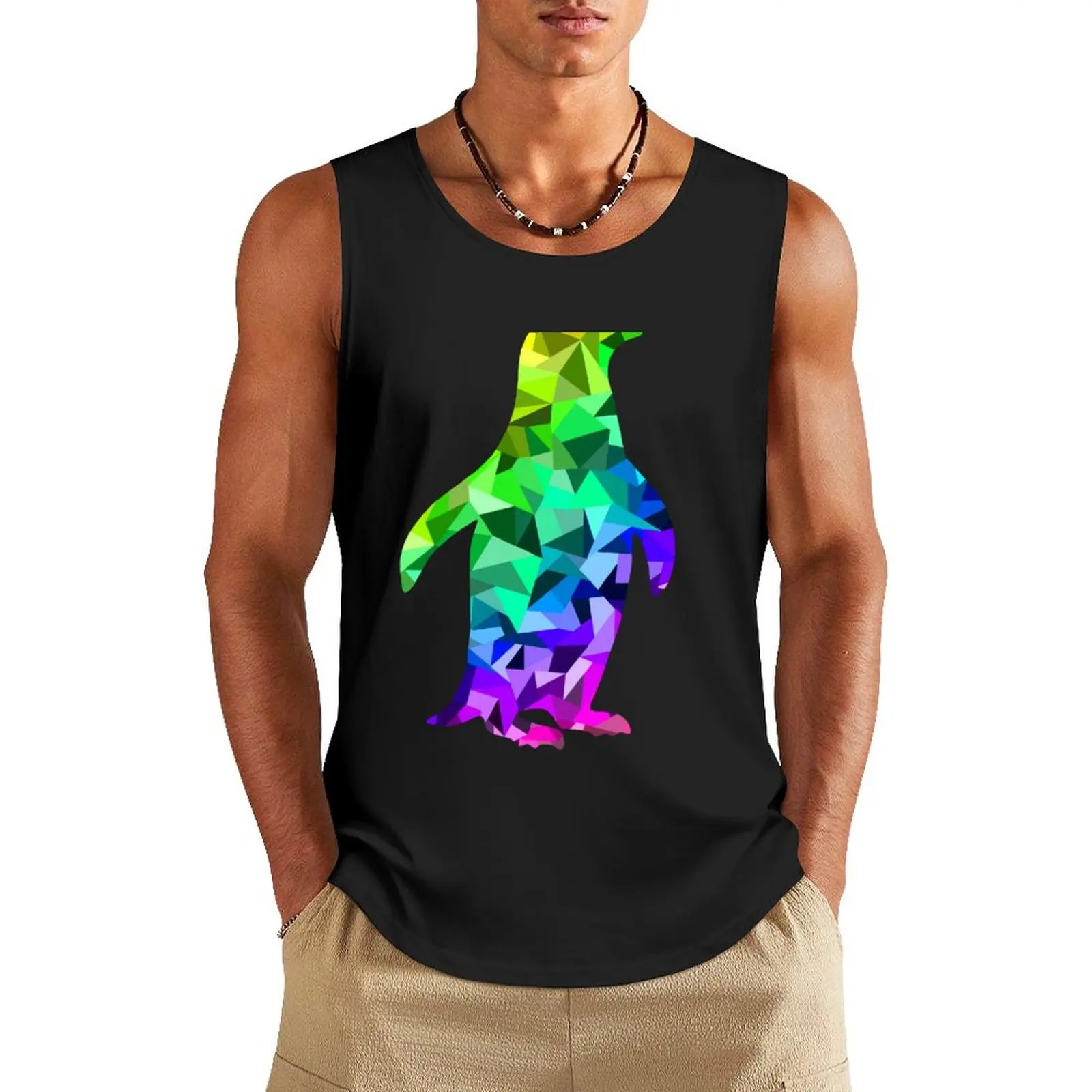 Rainbow Geometric Penguin Tank Top singlets for men gym shirt men gym wear men