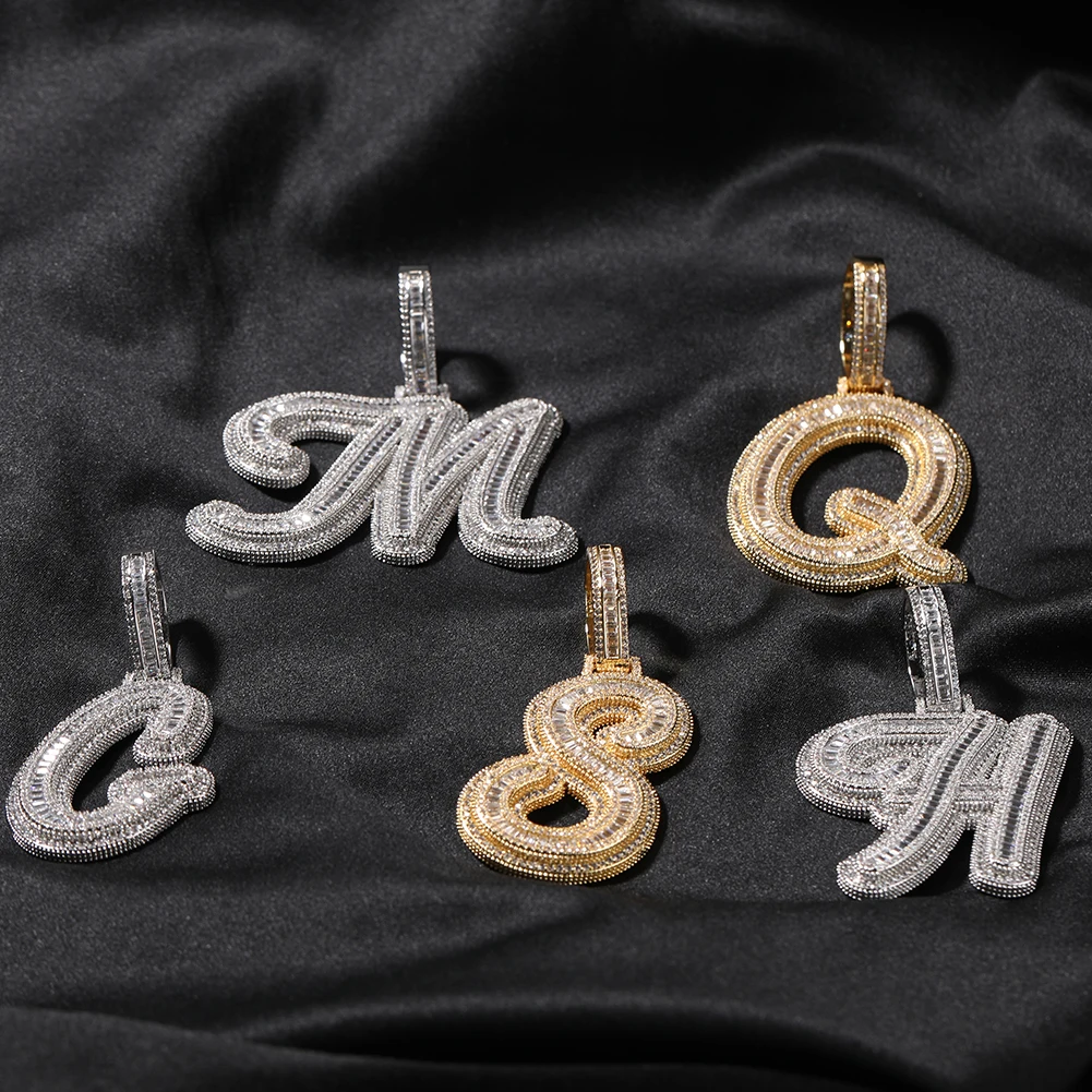 TBTK BaguetteCZ Cursive Letter Pendant Initial Letter A-Z Iced Out Cubic Zirconia Charm Choker Necklace Hiphop Jewelry