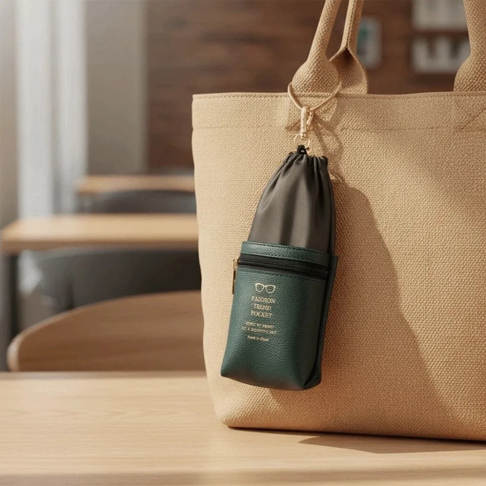 

Portable Drawstring Glasses Organizer Large Capacity Double-layer Eyewear Storage Bag with Key Ring Anti-lost