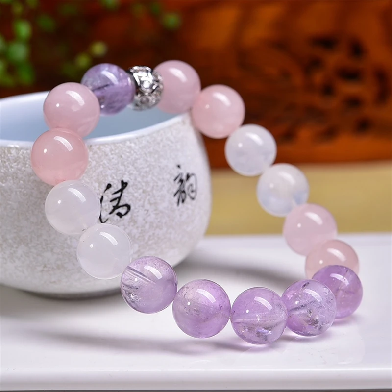 12MM Natural Lavender Amethyst Rose Quartz Bracelet Women Fashion Healing Crystal Round Beads Lovers Strand Jewelry Gift 1PCS