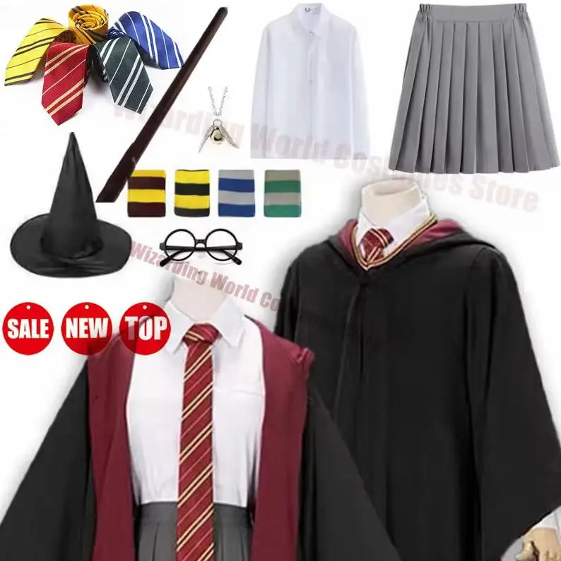 Костюм Поттера, халат, галстук, плащ, шарф, палочка, очки, платье Гермионы, аксессуары для летающего вора, свитер, костюм для косплея на Хэллоуин, подарки