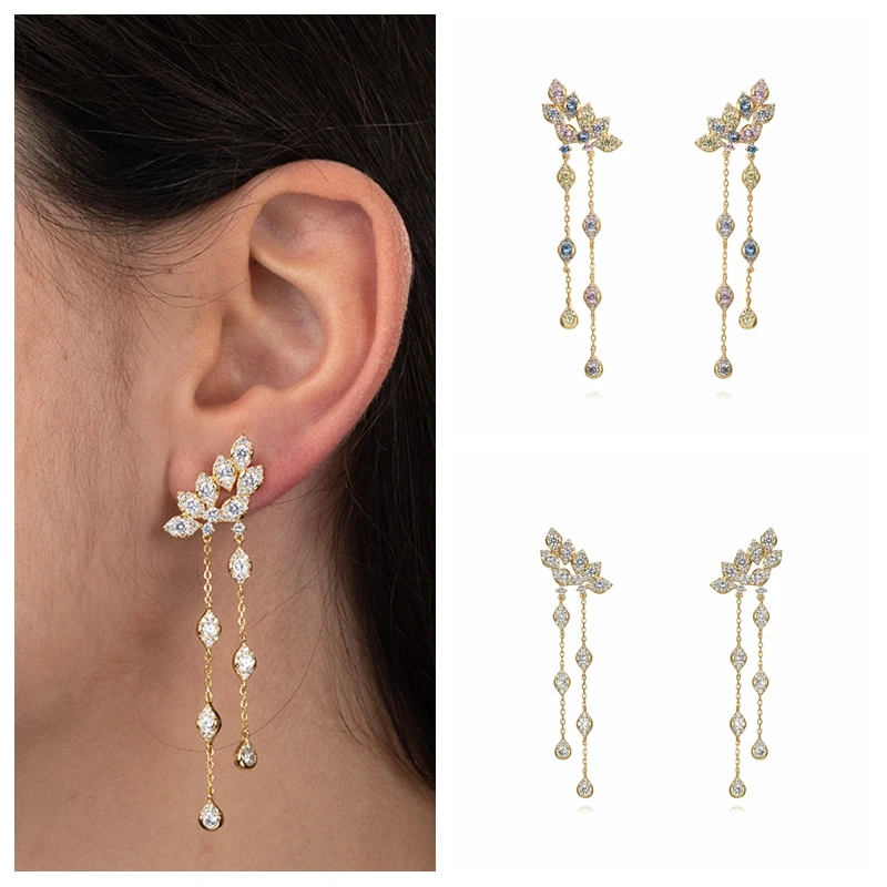 

925 Sterling Silver Needle Luxury Petal Long Tassel Stud Earrings for Women Bridal Elegant Drop Dangling Earring Wedding Jewelry