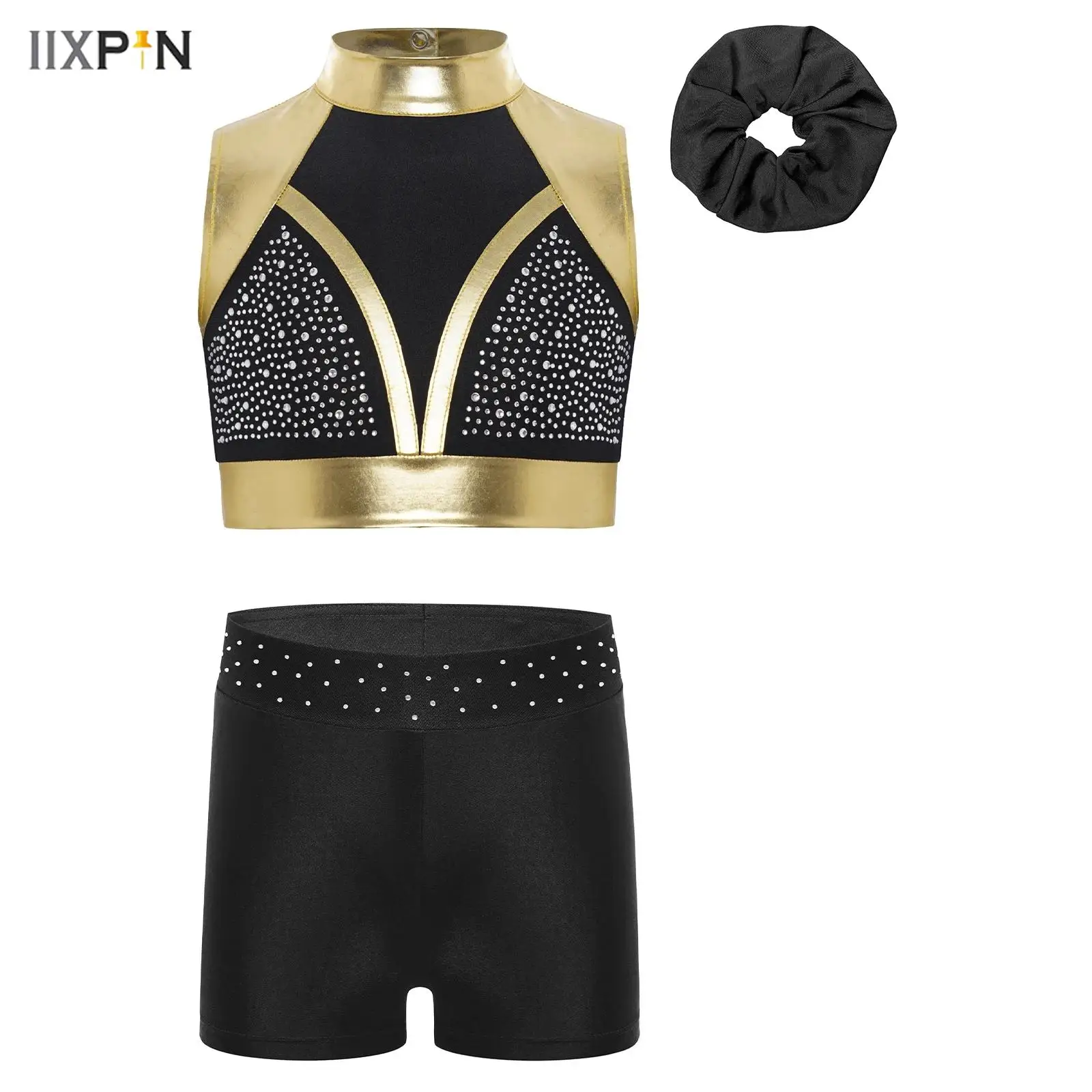 

3Pcs Girls Gymnastics Dance Outfit Shiny Rhinestones Color Block Metallic Crop Top+Shorts+Headwear Outfit Cheerleader Uniform
