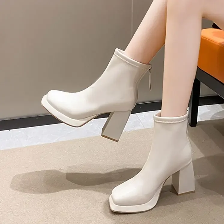 Women Ankle Boots Platform Square High Heel Ladies Short Boots Patent PU Leather Round Toe Women\'s Boots 2023 Shoes for Women