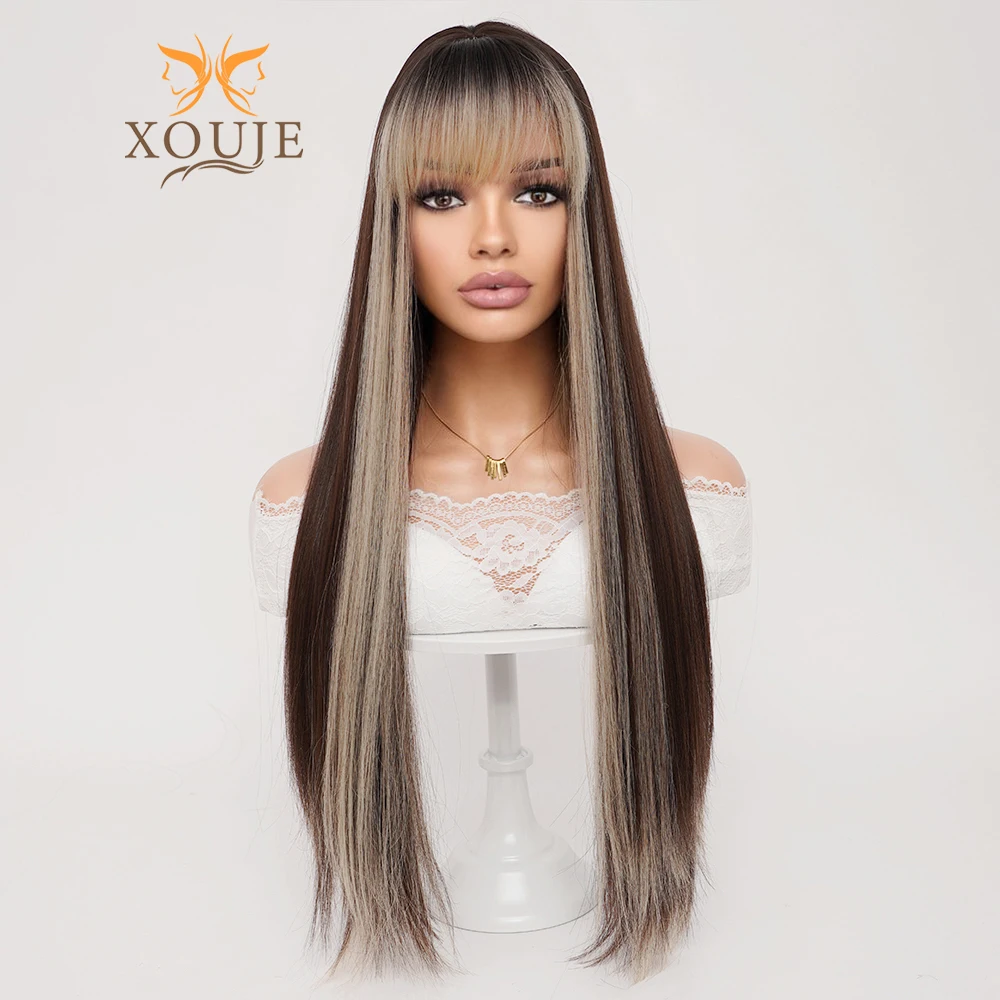 Natural Brown Highlighted Blonde Extra Long Straight Hair with Bangs Suitable for Women Daily Wear Soft Synthetic Hair Suitable