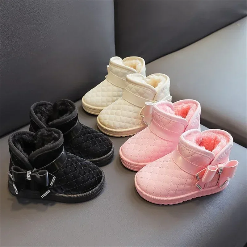 Winter Big Children Girl Crystal Bowknot Snow Boots Thickened Warm Comfortable White Boots Baby Kids NON-SLIP Plush Cotton Shoes
