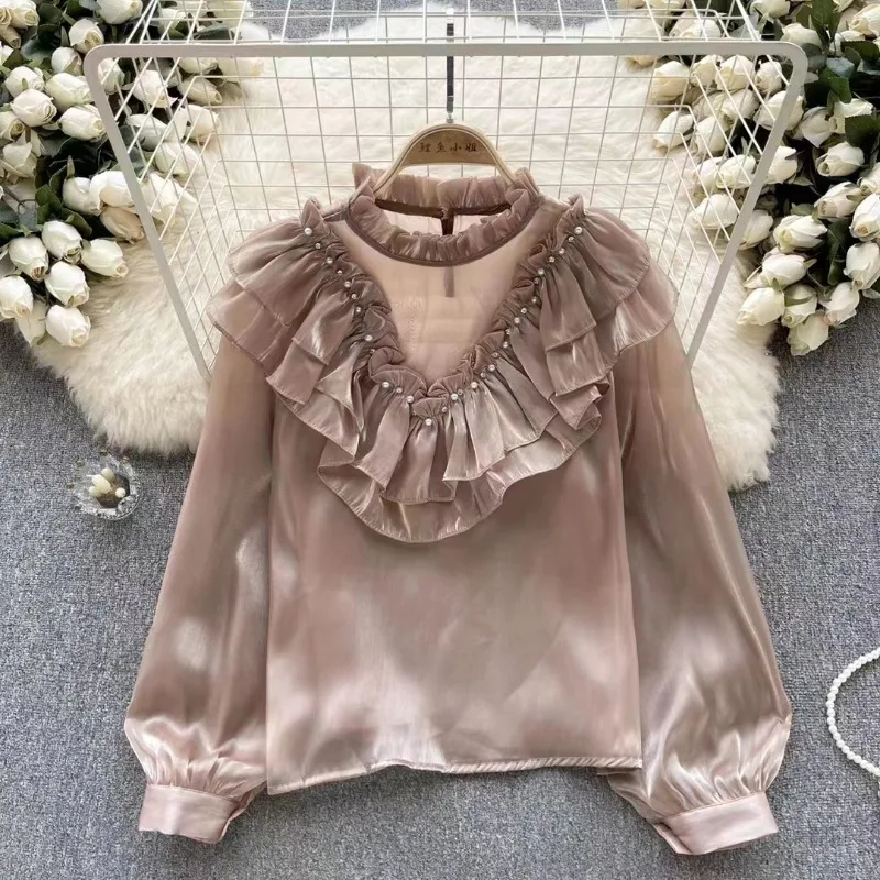 

Korean Chic Long Sleeve Women Blouse Beading Ruffled Stand Loose Shirts Female Elegant Solid Elegant Tops Casual Blusas 29539