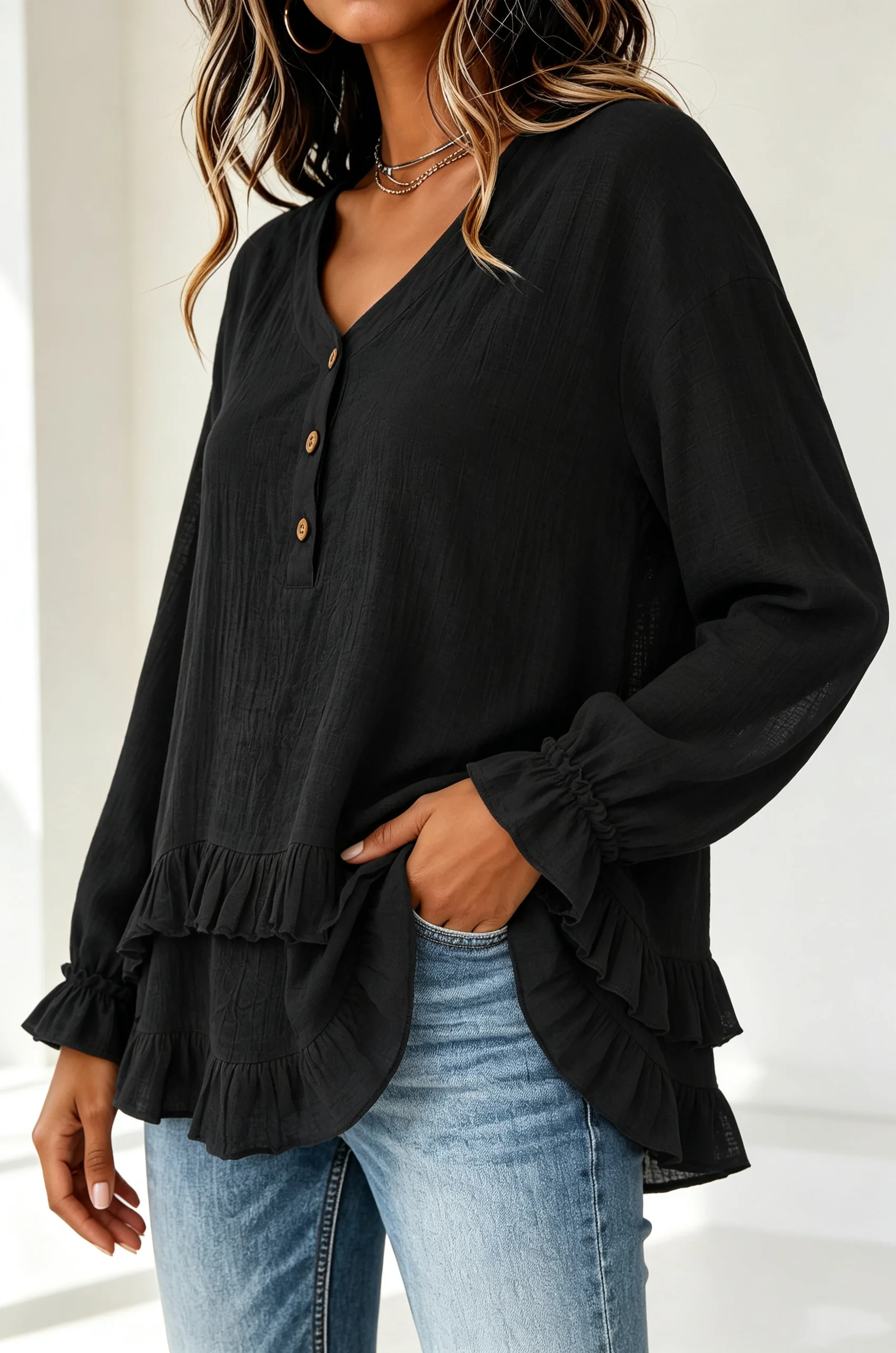 Women's New V-Neck Half-Button Long-Sleeve Shirt with Layered Ruffle Hem and Petal Cuffs, Loose and Stylish Top