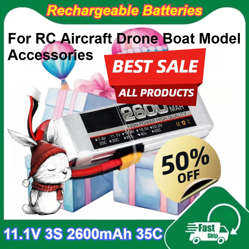 

11.1V 3S 2600mAh 35C Rechargeable Lipo Battery for RC Aircraft Drone Boat Model Accessories Li-Ion Batteries with XT60/T Plug