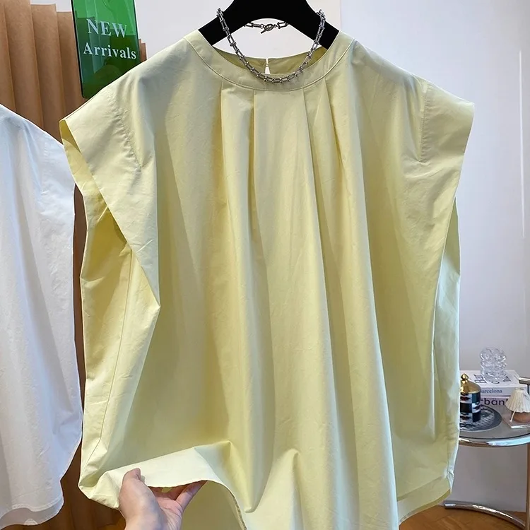 

Casual Yellow Gathered Svel irt Women's Loose Summer Top Faionable Commute Sle round Ne Cotton Blend Blouse