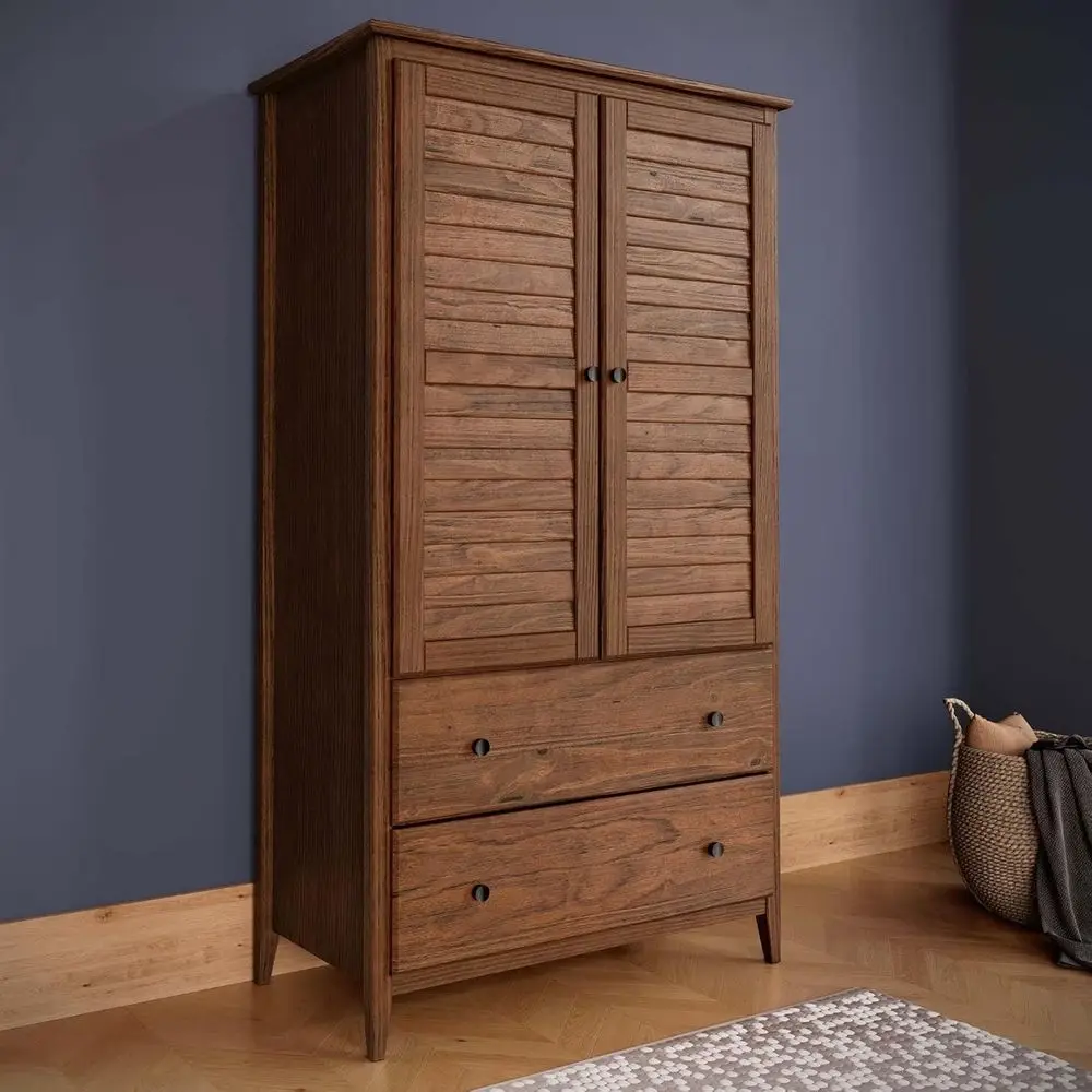 

Two-Door Solid Wood Wardrobe in Brushed Walnut Finish