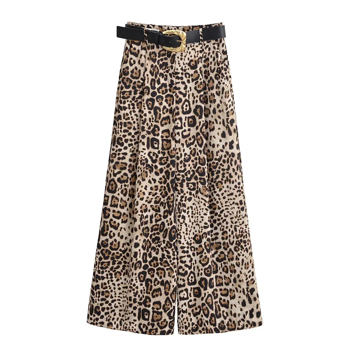 Women High Waist Wide Leg Pants With Belt Summer Chic Streetwear Female Casual Loose Straight Trousers Lady Leopard Satin Pants