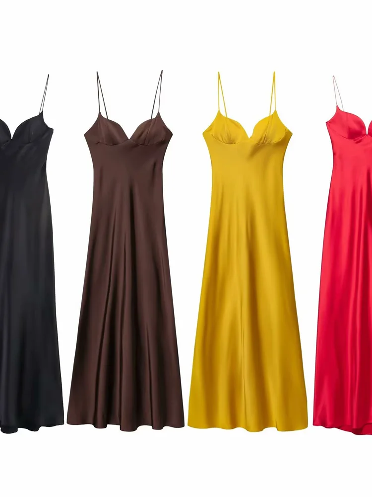 Nowa damska sukienka Za, wyszczuplająca, seksowna, długa, satynowa, z wysokim stanem, elegancka, z dekoltem w serek, idealna do pracy, na sezon letni.