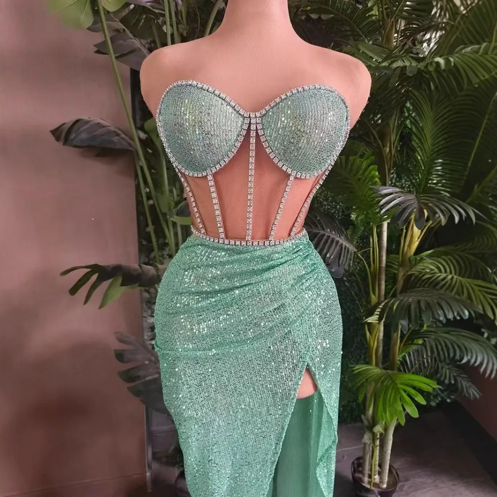 Hollow Design Bright Sheath Rhinestone Party Evening Gowns Sexy Split Long Dresses Semi Transparent Dress Fashion Prom Gowns