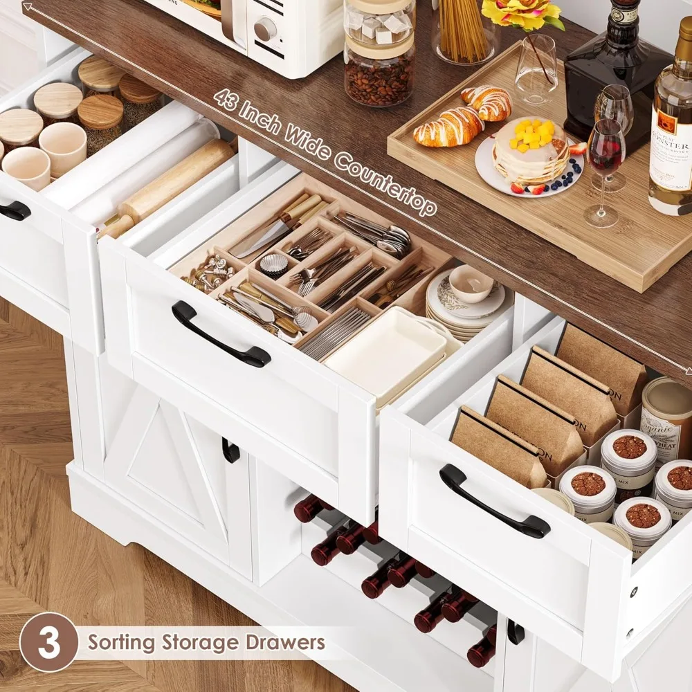 Armário de armazenamento de cozinha alto rústico com portas de celeiro, prateleiras, gavetas e gaiola de bar