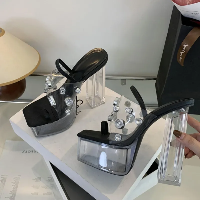 

Platform Heels Chunky Water Diamond Decorative Crystal Heel 14CM High Heel Women's Sandals Size 35-42