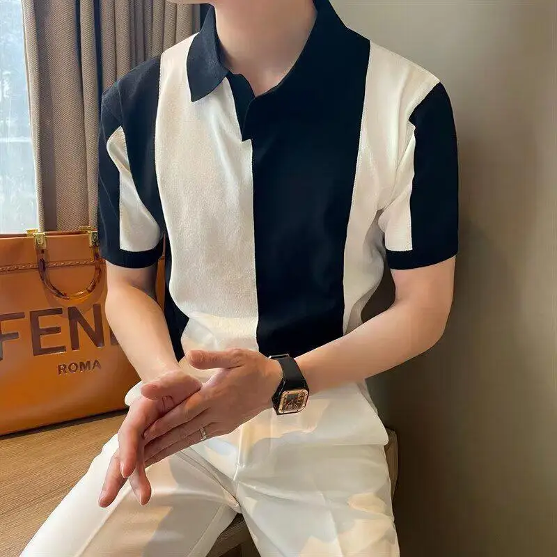 

Korean Style Summer Ice Silk Black White Color Block Short Sleeve Shirt Loose Lightweight Knitted Fashionable Breathable