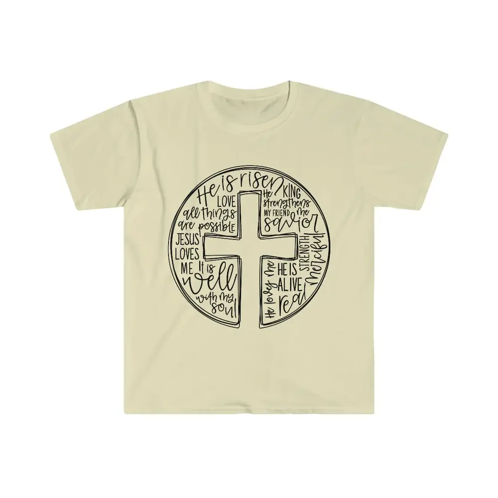 He is Risen T Shirt Circle Cross with Words Easter Christian Religious Tee   High Quality 100%Cotton Short Sleeve