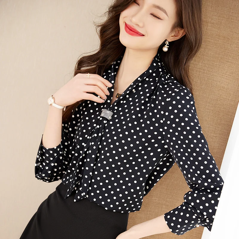 NAVIU Black Dot V Neck Shirt Women Spring New Fashion Temperament Chiffon Design Bow Formal Blouses Office Ladies Work Tops