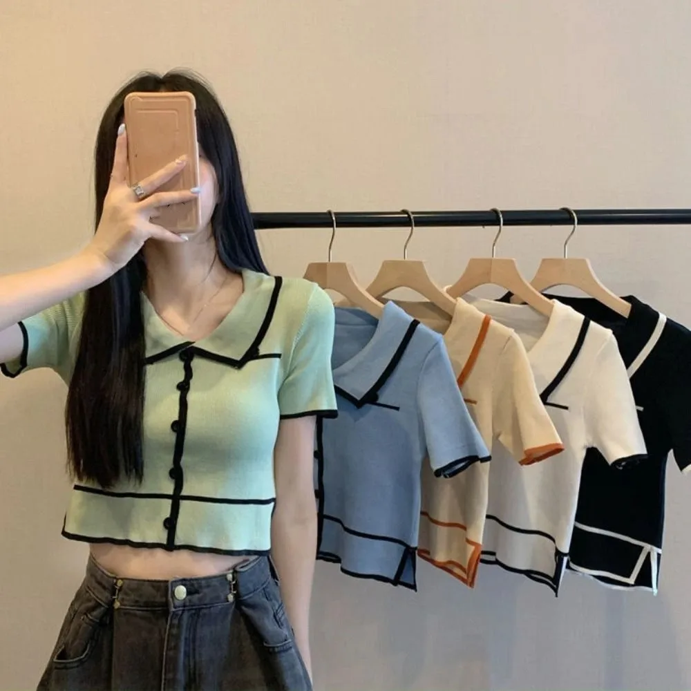 

Укороченный топ с откидным воротником и короткими рукавами, облегающая женская одежда, трикотажная футболка в полоску, нижняя рубашка, трикотаж, женский летний