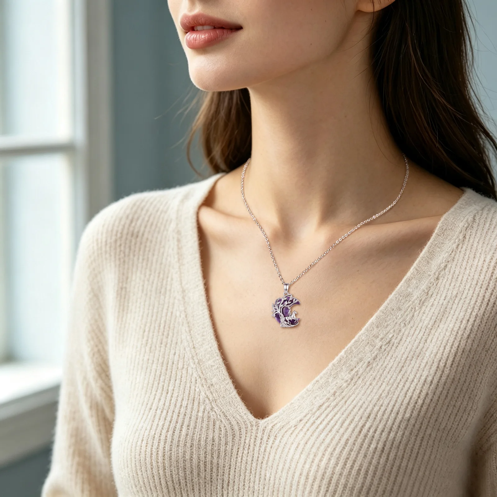 Eudora Amethyst Horse Girl Necklace Crescent Moon Tree of Life Pendant Spirit Animal Jewelry Spiritual Protection Gift for Women 6