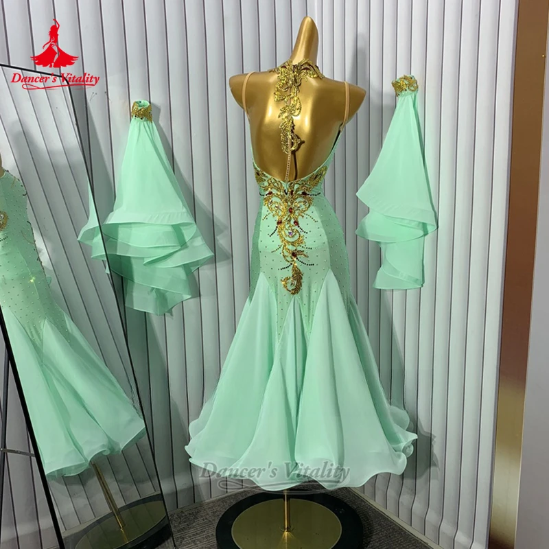 Danza moderna verde menta sin mangas envuelto caderas vestidos lujoso personalizado adulto vals Foxtrot Sling atuendo bailarina vitalidad