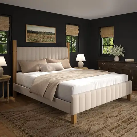 Yechen Struttura letto queen size con testiera, struttura in legno massello, non richiede molle, rivestimento in lino beige