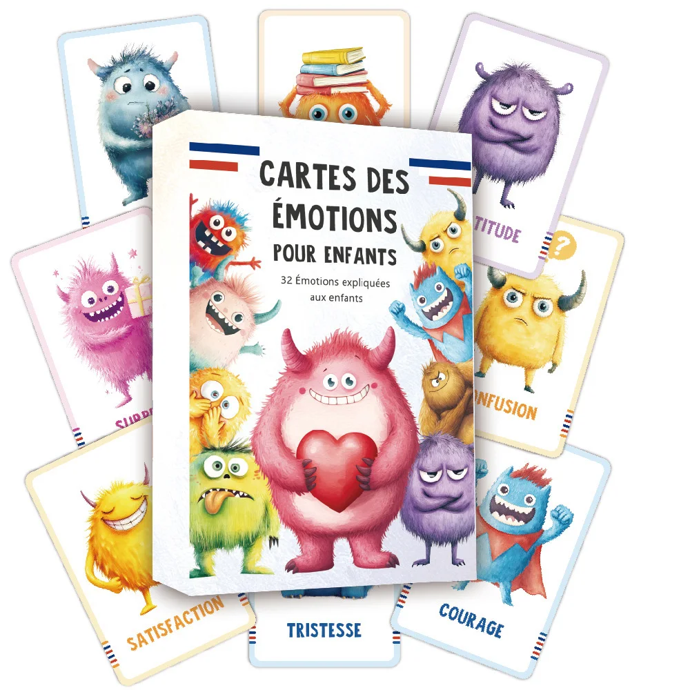 French English Emotion Monster Realistic Picture Cards Kids & Guessing Card -Kids Feelings Flash Cards For Toddler Learning