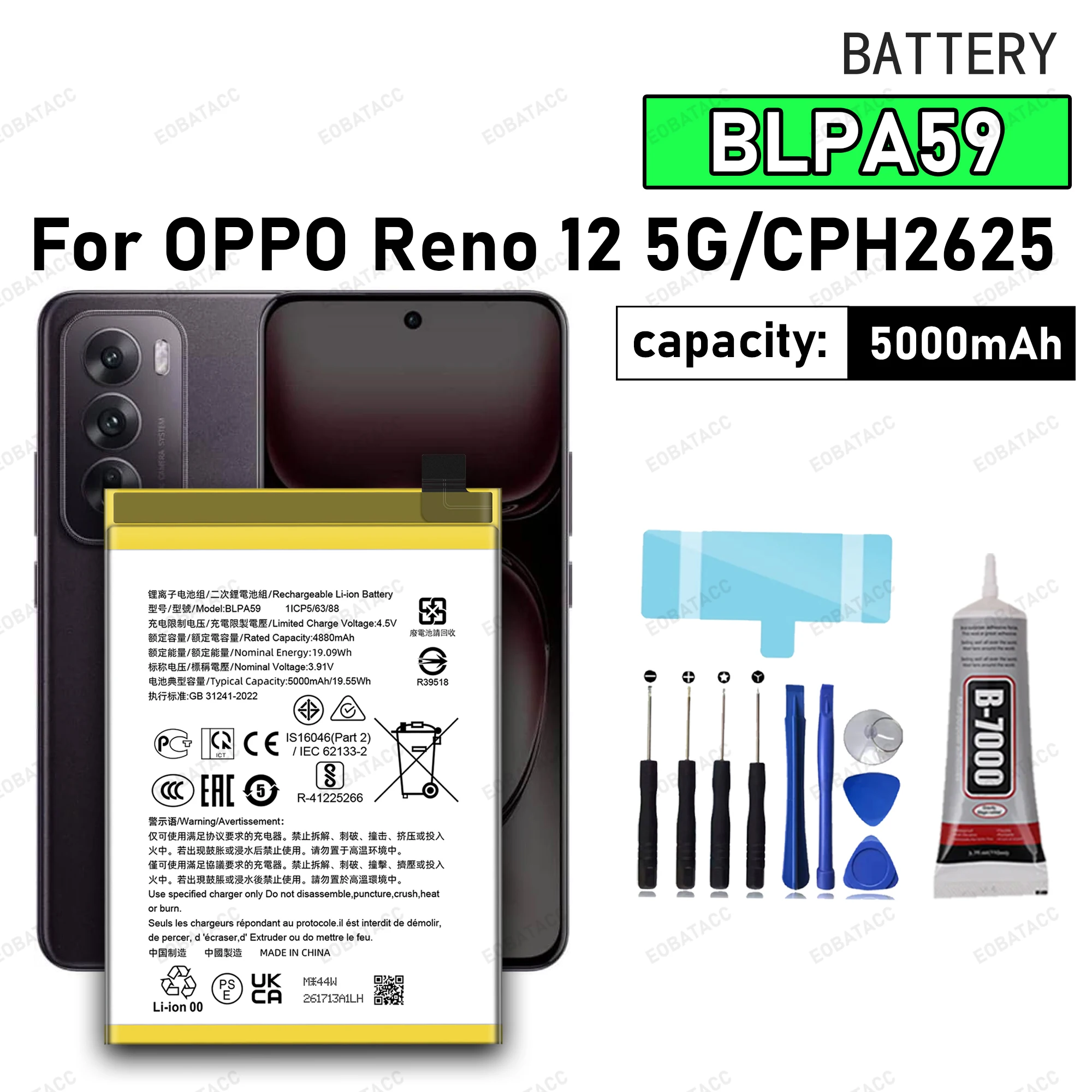 

100% New High Quality BLPA59 Battery For OPPO Reno 12 5G/CPH2625 Phone Replacement Bateria BATTERY +Free Tools