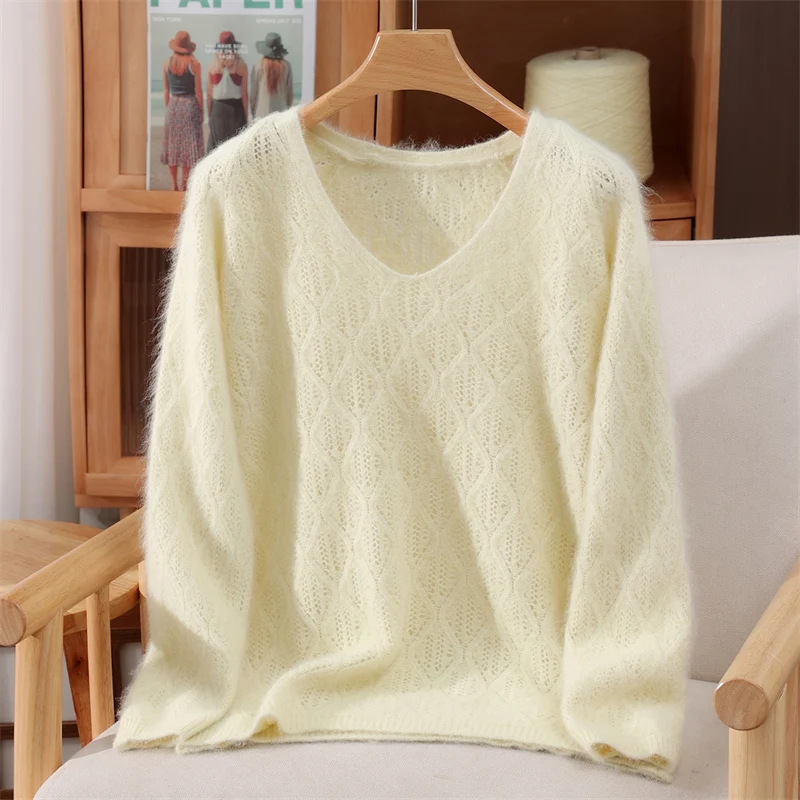 Chic V-Neck Gentle Hollow Out Pure Color Sweater Women's Pullovers Basic Soft Warm 100% Mink Cashmere Casual Loose Tops