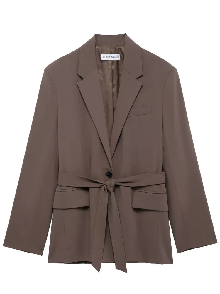 ZMEENNA ผู้หญิงสีน้ําตาลขนาดใหญ่เสื้อแจ็คเก็ต Blazer Tie เข็มขัดแขนยาว Notched Lapel Casual หลวม Fit Outerwear แฟชั่น ZM3251