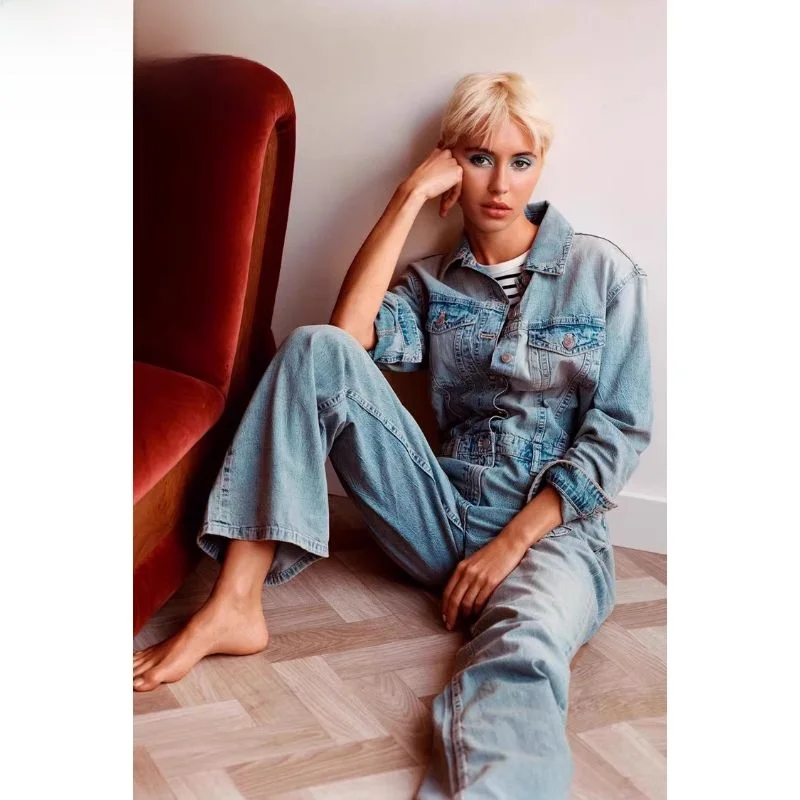 2024년 봄 여성용 루즈핏 패셔너블 캐주얼 데님 오버롤 하이웨이스트 와이드 레그 팬츠 롱 트라우저 다용도 슬레