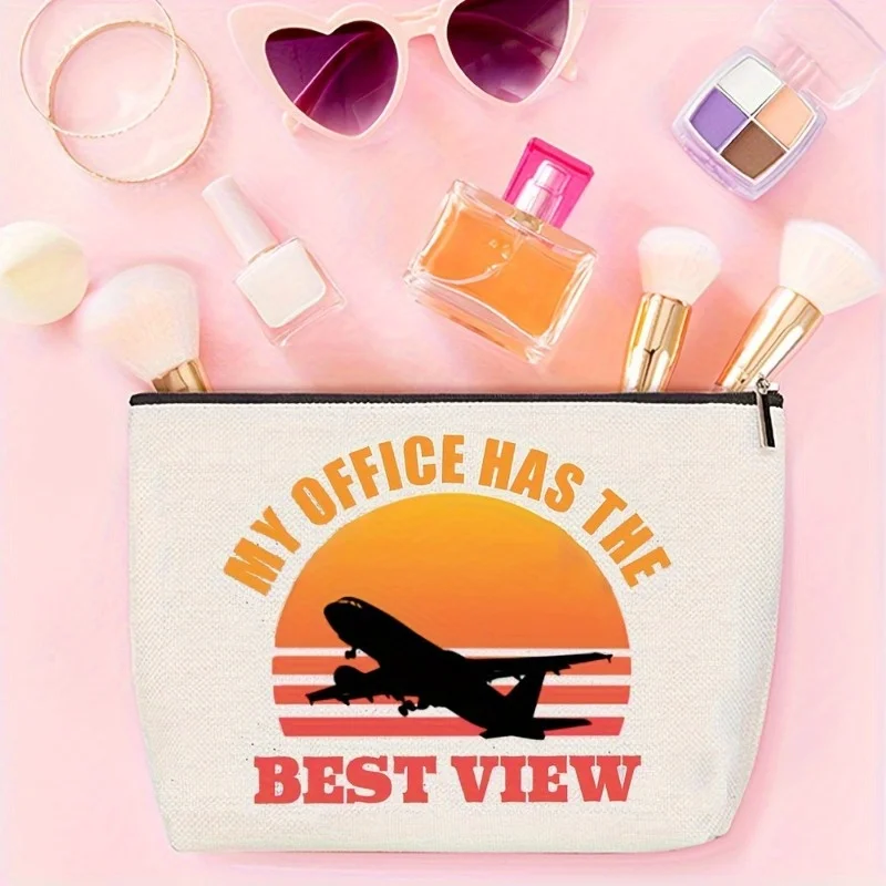 Aviator Flight Attendant Aviation-Themed Makeup Pouch Zipper Closure White Fabric Cosmetic Bag Airline-Themed Gift Zippered Pouc